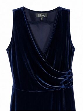 NWOT! LBISSE Navy Velvet Maxi Dress with Draped Wrap Bodice